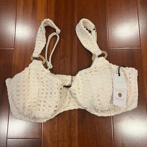 SHADE & SHORE Cream Bikini Swim Top Crochet Off White Underwire Textured Sz 34DD